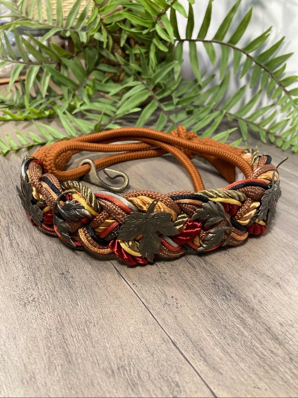 Vintage Braided Multicolor Cord Stretch Belt With Leaf Accents